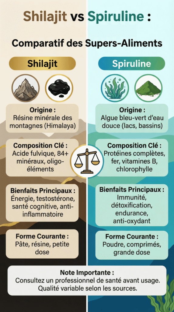 Infographie comparant le Shilajit et la Spiruline
