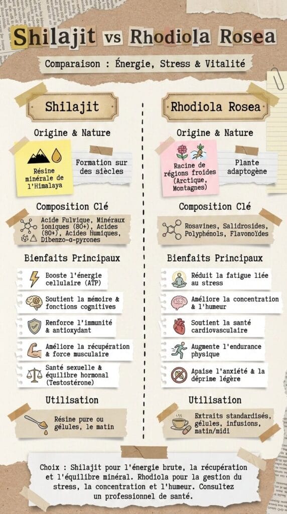 Shilajit ou Rhodiola Rosea : quel complément choisir ? 2 Infographie comparant le Shilajit et la Rhodiola Rosea